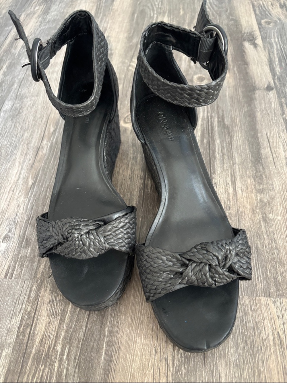 Braided Ankle-Strap Wedge Sandals in Black